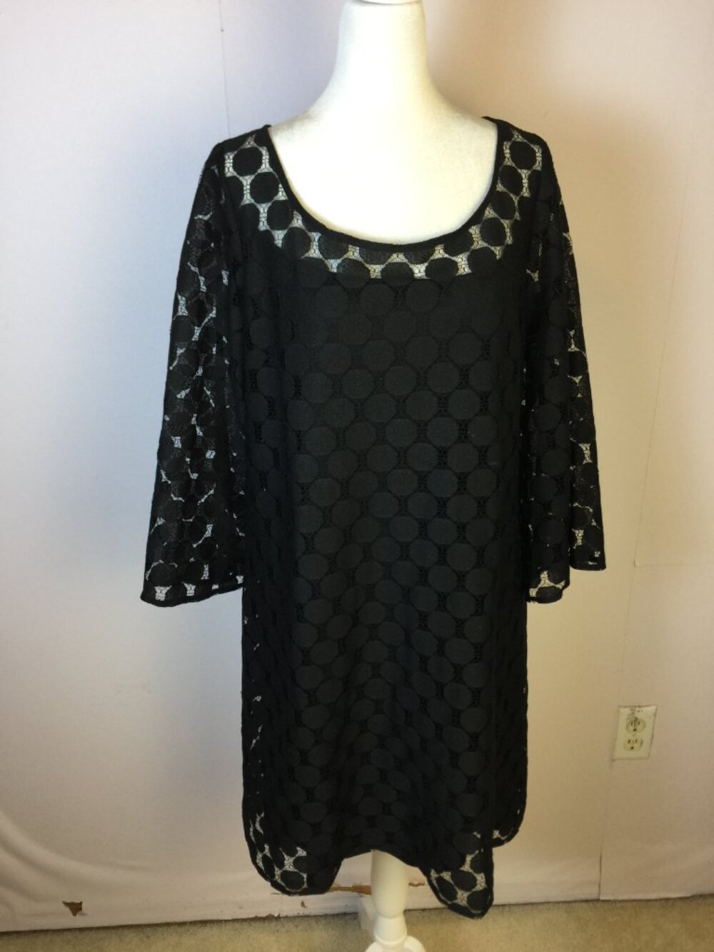 Muse Shift Dress Size 14 Womans Black Polka Dot Lace 3/4 Flared Sleeve Lined - Picture 2 of 13
